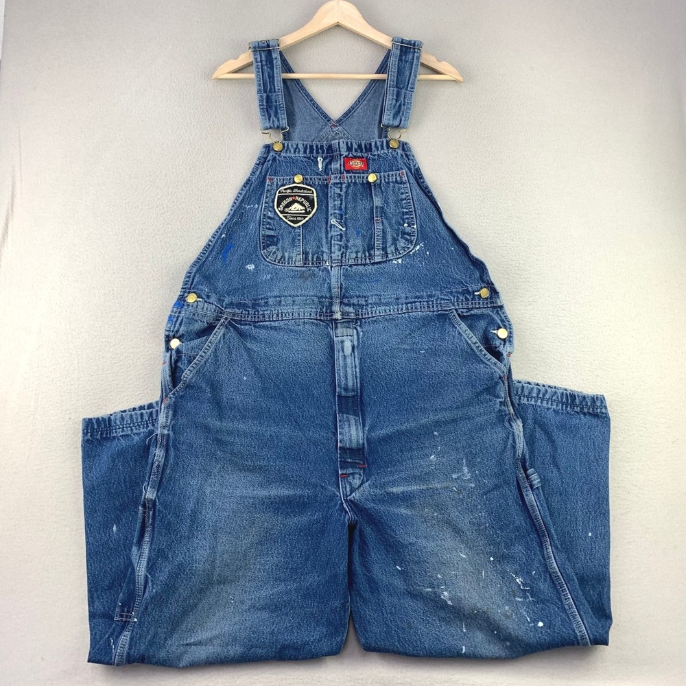 Thrashed Dickies Bib Overalls Men 38x28 Blue Denim Carpenter Workwear Distressed